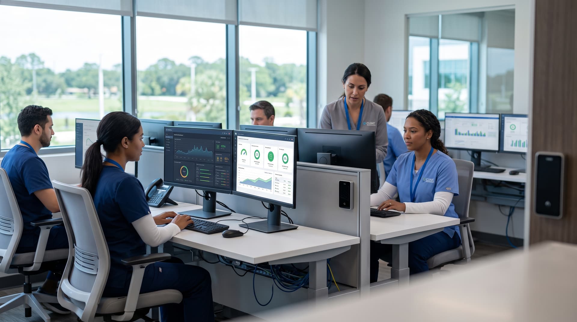 Healthcare staff using secure EHR workstations in a modern clinic environment.