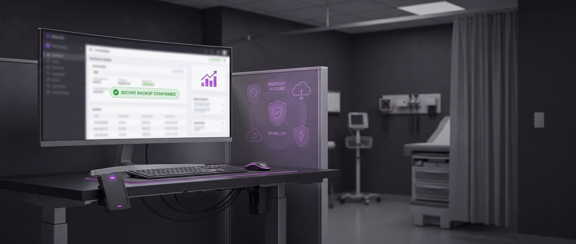 Clinical workstation dashboard showing backup and endpoint controls in a healthcare reference architecture