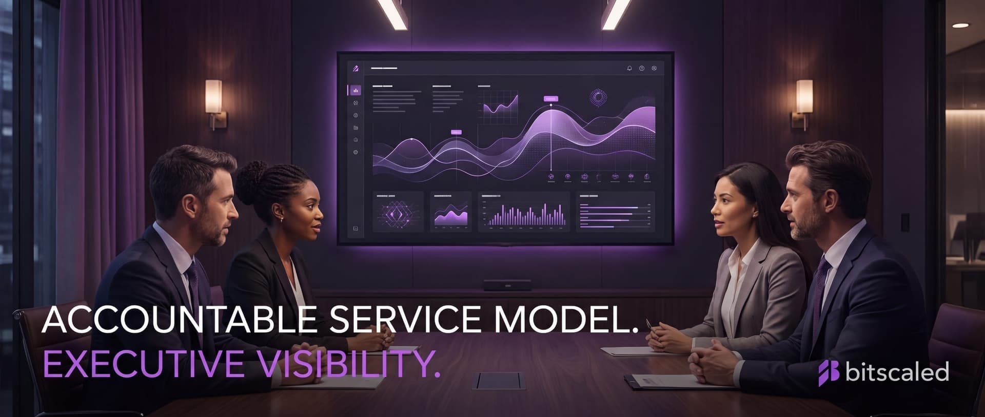 Client team reviewing an executive reporting dashboard with accountable service metrics in a conference room