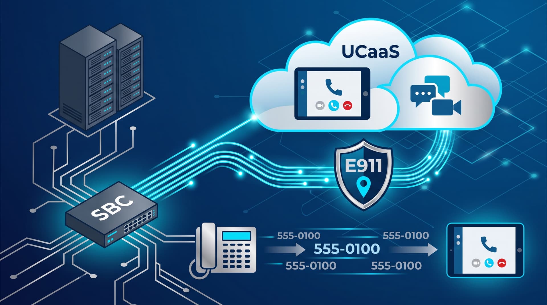 Diagram illustrating a hybrid voice communications strategy connecting local PBX hardware, cloud UCaaS platforms, and Microsoft Teams Phone.