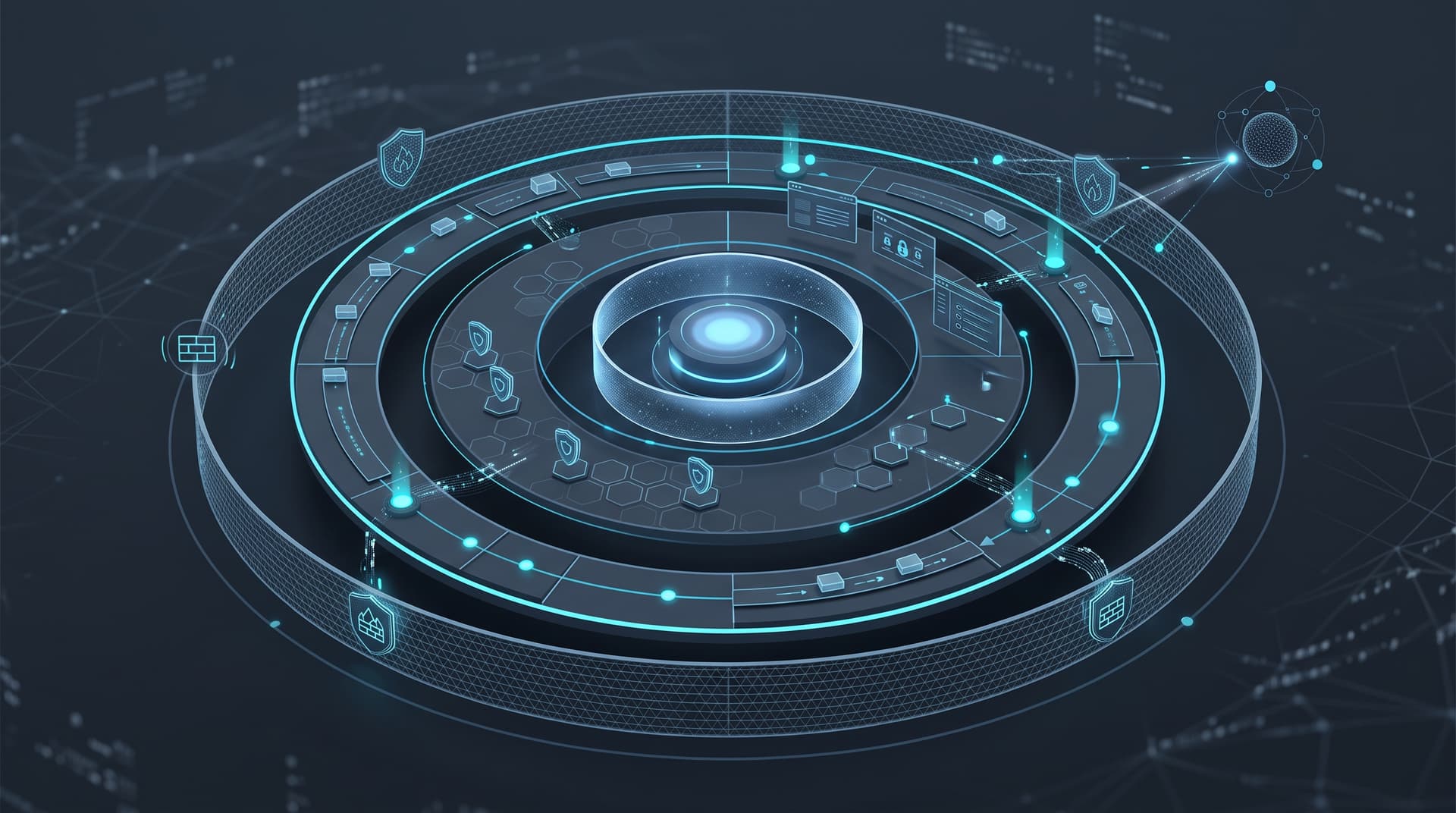 Abstract illustration of layered cybersecurity defenses featuring interconnected shield nodes and digital infrastructure controls.